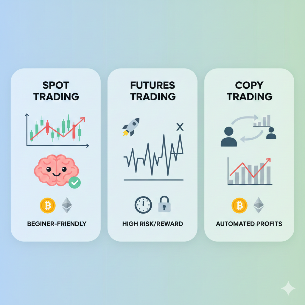 Comparison of spot trading, futures trading, and copy trading in cryptocurrency for beginners