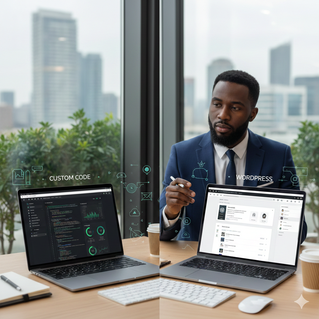 Daldalaan Afrika laptop lama irratti WordPress fi custom website development walbira qabu ilaalaa jira, filannoo website ijaaruu qorachaa jiru.