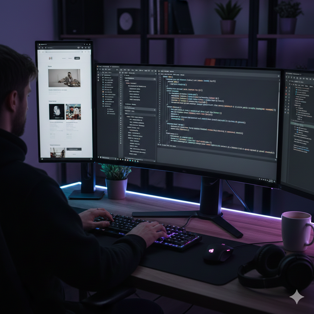 Developer coding HTML, CSS fi JavaScript fayyadamuun custom website ijaaruu irratti hojjetaa jiru.