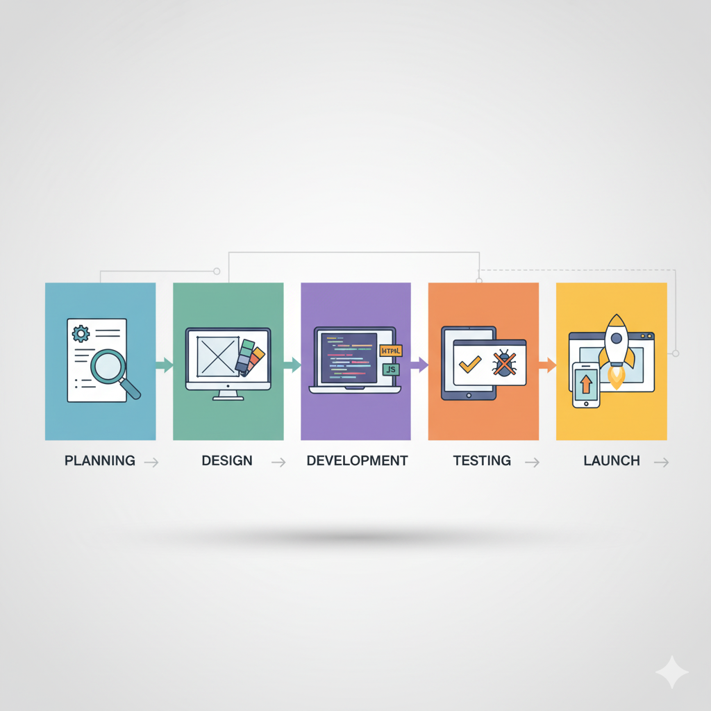 Website development process from planning to launch.