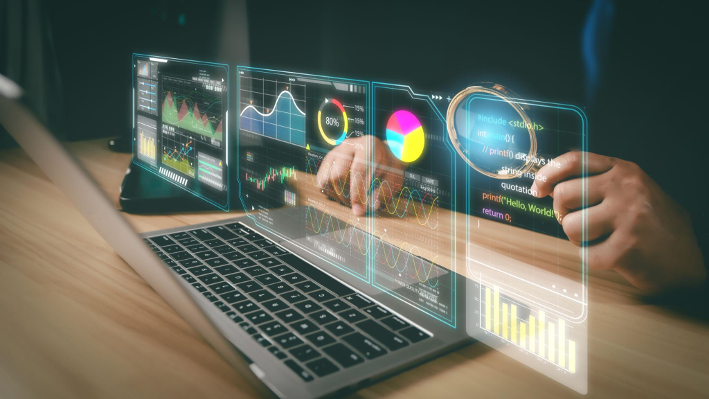 Graph Analyst working with Business, Concept digital transformation technology strategy, Analytics and Data Management System on computer, make a report with KPI and metrics connecte
