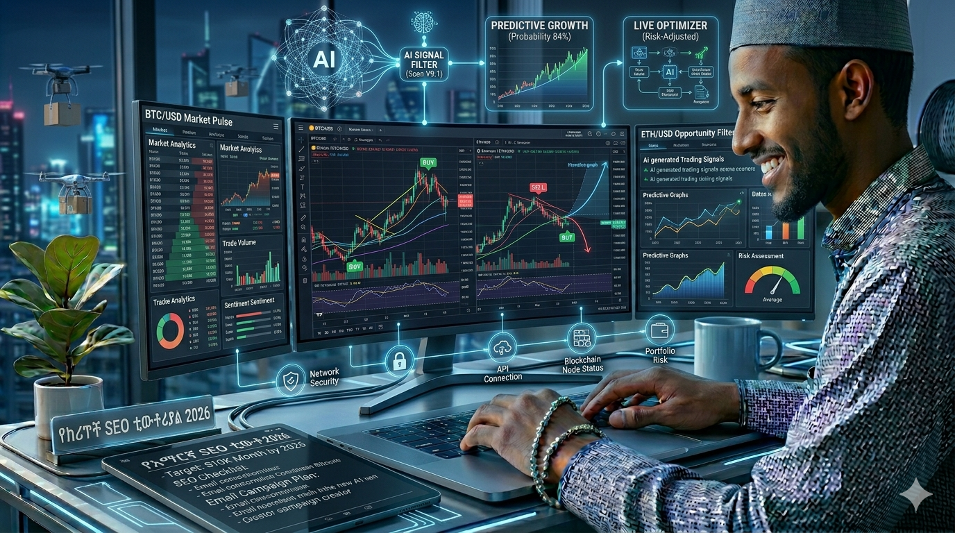 AI cryptocurrency trading signals dashboard with bitcoin charts and automated buy sell indicators