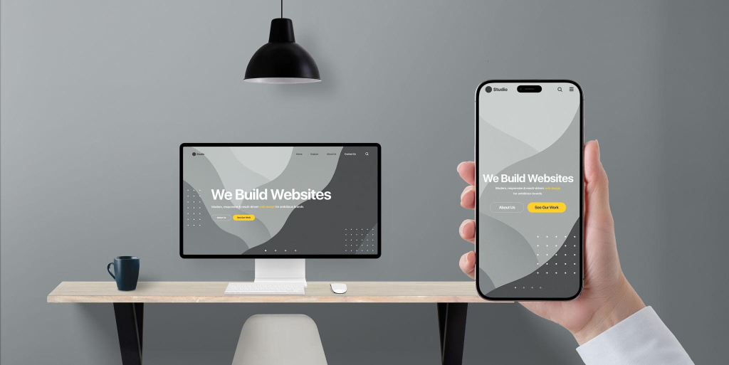Digital transformation concept with Scale business with technology responsive business website shown on phone and desktop display, hand holding device in modern office
