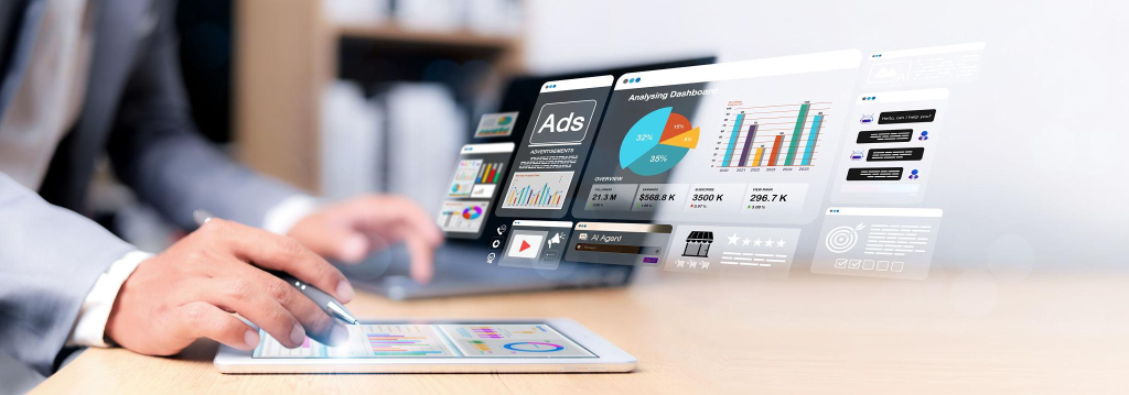 Marketer using digital marketing dashboard with charts, pie graphs, organization chart, and performance data. Concept of business analytics and strategic planning.