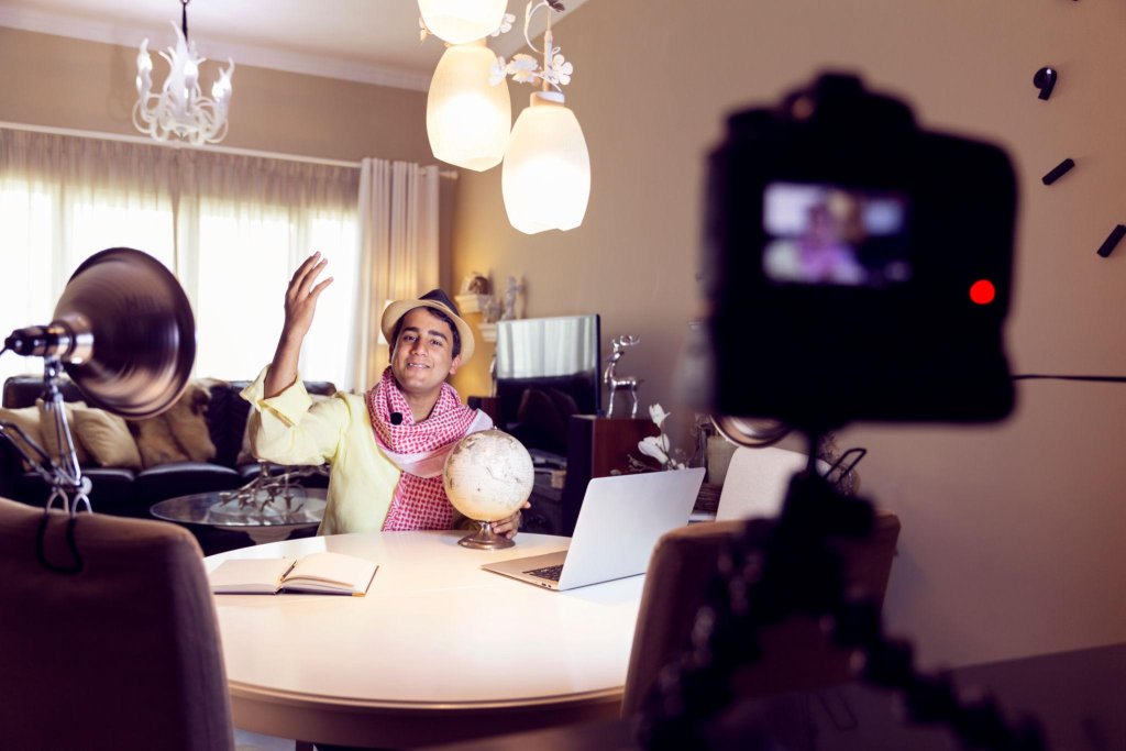 Set up of a young aspiring content creator, making a live video for social media